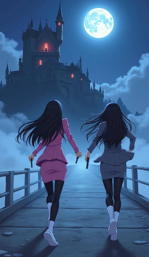 Two womens long black hairs, yuri,
(The first women wear a pink suit, black shirt, pink pencil skirt, black tight, white socks, white sneakers)
(The second women wore a grey suit, black shirt, grey pencil skirt, black tights, white socks, white sneakers)
holding a handguns, running on the long foggy bridge, smiles, the vampire castle, vampire looked at them from the top floor of the tower, fantastic night sky, moon, cartoon novel, 4K, HD