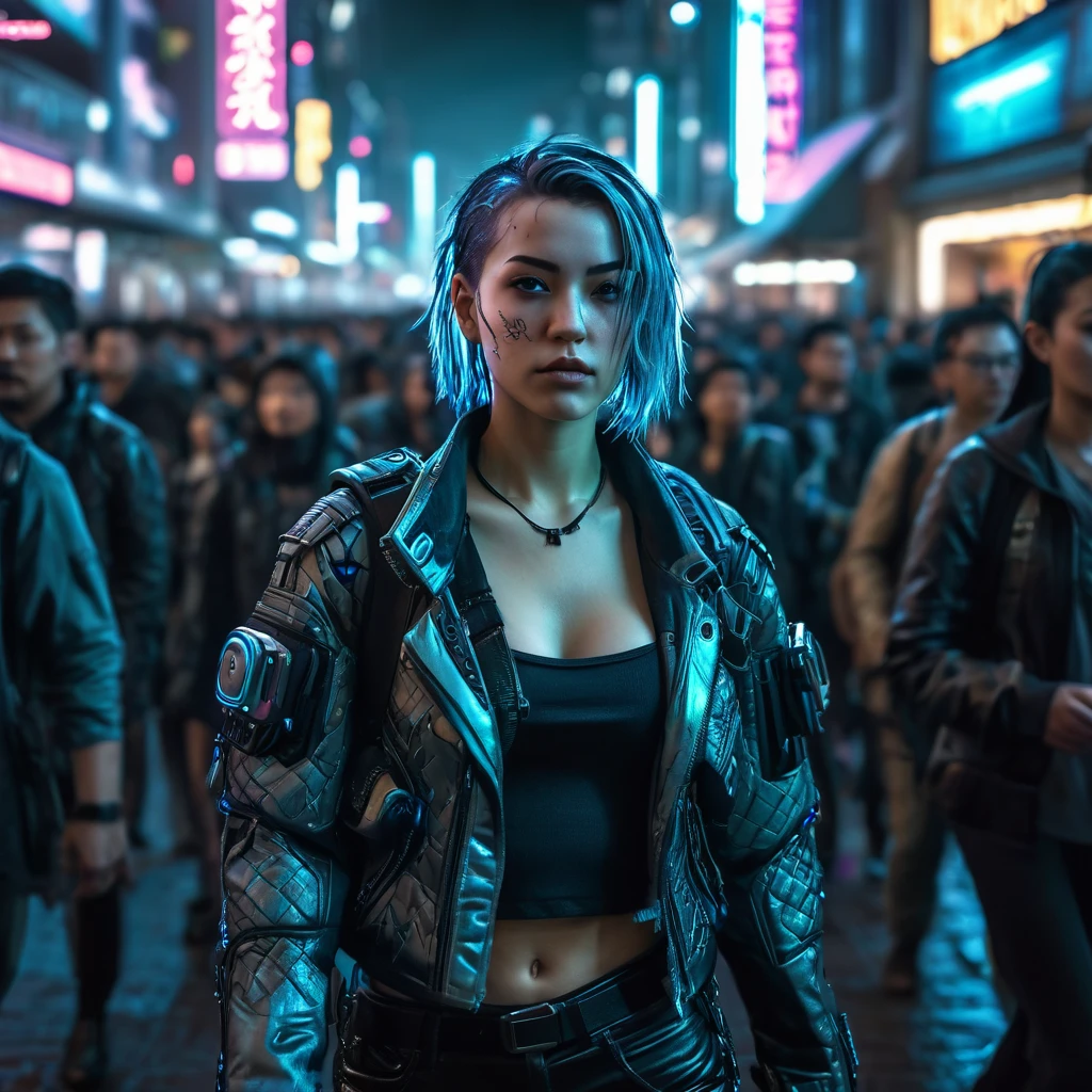 Cyberpunk girl, walking through the crowd in a Night City, intricate details, HDR, beautifully shot, hyperrealistic, sharp focus,  megapixels
