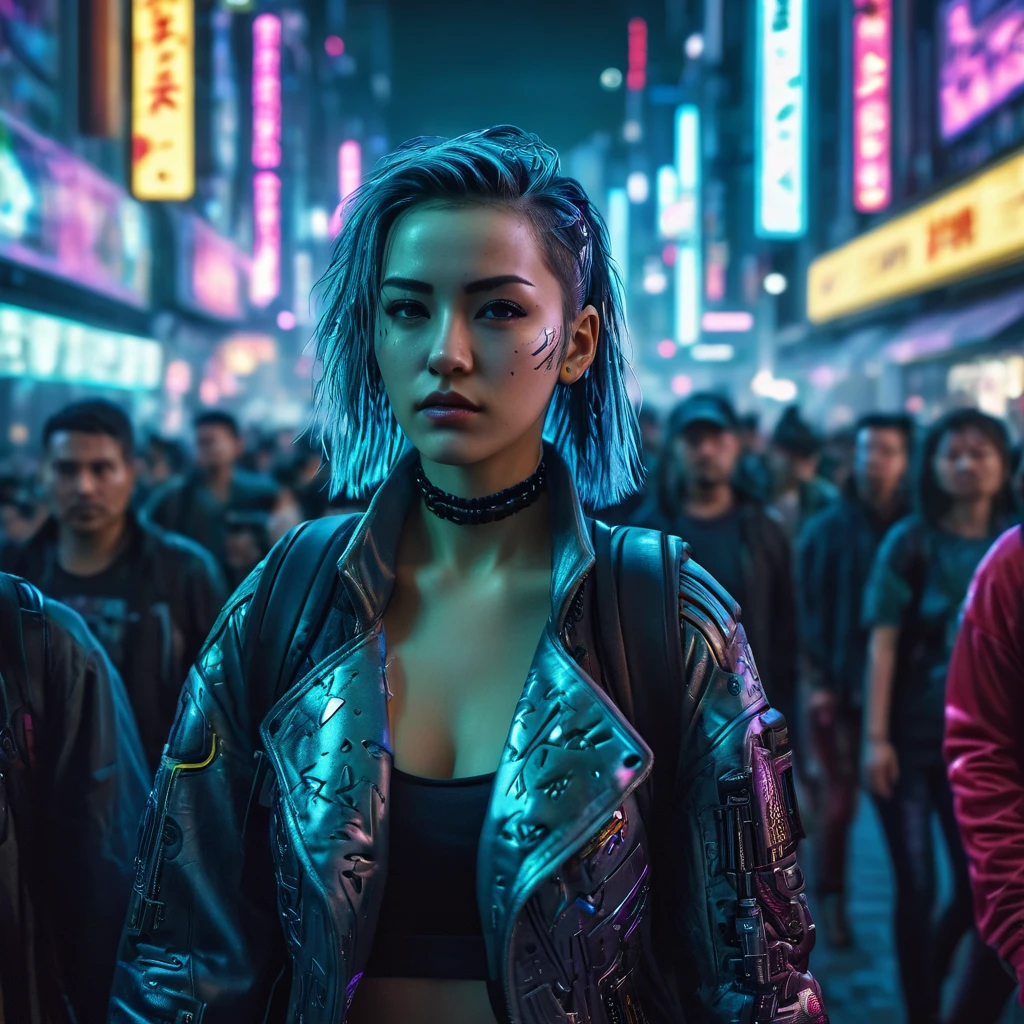 Cyberpunk girl, walking through the crowd in a Night City, intricate details, HDR, beautifully shot, hyperrealistic, sharp focus, megapixels