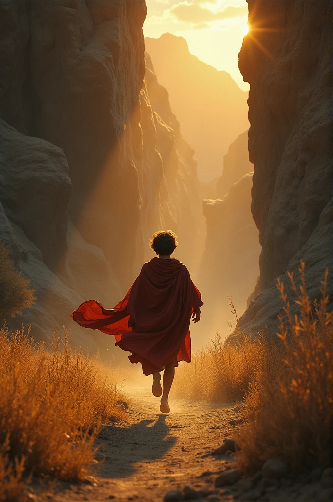 ((best quality)), ((masterpiece)), (detailed), perfectly do O rei Dario, with an expression of hope, runs towards the lion&#39;s den at dawn. The soft sunlight illuminates the scenery, showing the entrance to the pit.