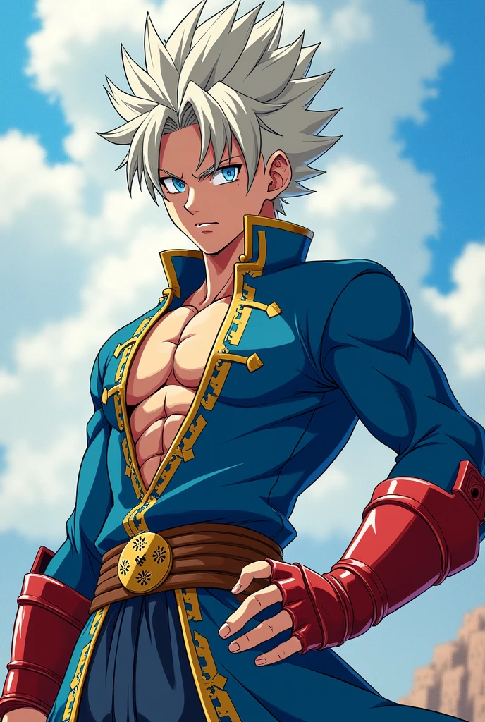 styled: アニメ, with the characteristic feature of the Knights of the Zodiac.
body hair: offwhite, spiky and short, similar ao cabelo do Trunks em sua forma Super Sayajin, but shorter.
eyeballs: Light and expressive blues.
vestimentas:
jaket: cerulean, long-sleeved, with a cut that highlights the character's muscles.
range: vermelha, completely covering the forearm, leaving only the fingers visible.