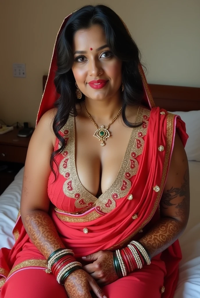 FULL BODY PICTURE, in MEHANDI HENNA TATTOO ON BOTH HANDS, Indian bride underarms,  SHOWING HER ARMPITS,  BBW ,In Veil , Wet curvy, busty Desi Mommy in BIKINI and showing her big showing cleavage inside BIKINI sleeveless blouse and Nose Ring, many bangles in both hands,Earings, Necklace ,Lipstick ,Navel,Indian, Chubby, showing her curves , sitting on the bed,