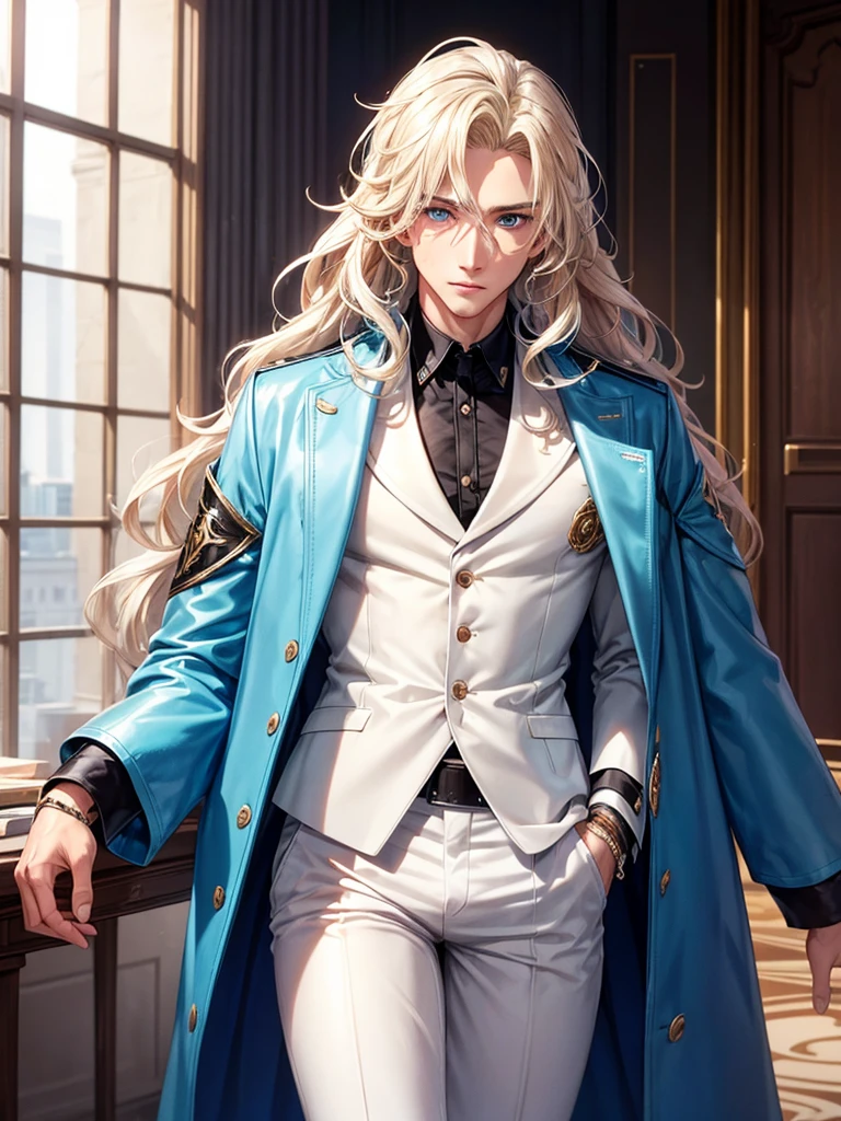 I want a man with blond, wavy hair, blue colored eyes, body healed, Caucasian skin, and wears a white special jacket and black pants, and he is in a room, and he is very handsome and tall*
