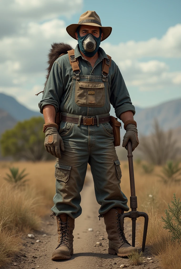 Man from southern Chile in overalls  , Boots , gloves , mask and a pitchfork 