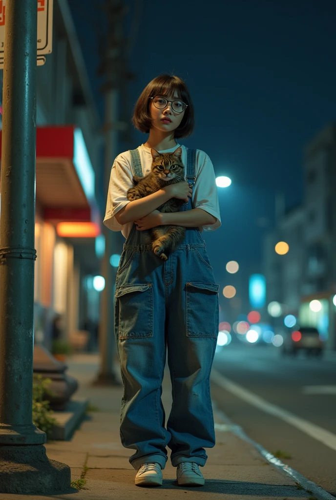 Korean women、、Shortcuts、Wearing dirty overalls、The eyes are bright、Intellectual、quiet、Standing on a street corner at night、Wear glasses、sneakers、Looks lonely、Holding a cat