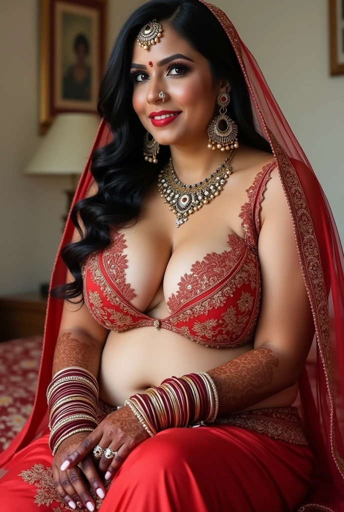 FULL BODY PICTURE, in MEHANDI HENNA ON BOTH HANDS, Indian bride underarms, SHOWING HER ARMPITS, BBW ,In Veil , Wet curvy, busty Desi Mommy in BIKINI and showing her big showing cleavage inside BIKINI sleeveless blouse and Nose Ring, many bangles in both hands,Earings, Necklace ,Lipstick ,Navel,Indian, Chubby, showing her curves , sitting on the bed,