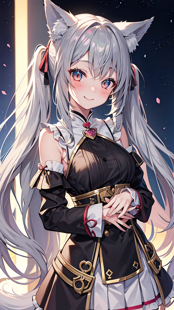 One girl, High resolution, chest, Blushing, smile, Twin tails, Very long hair, Gray Hair, Fox Ears, 