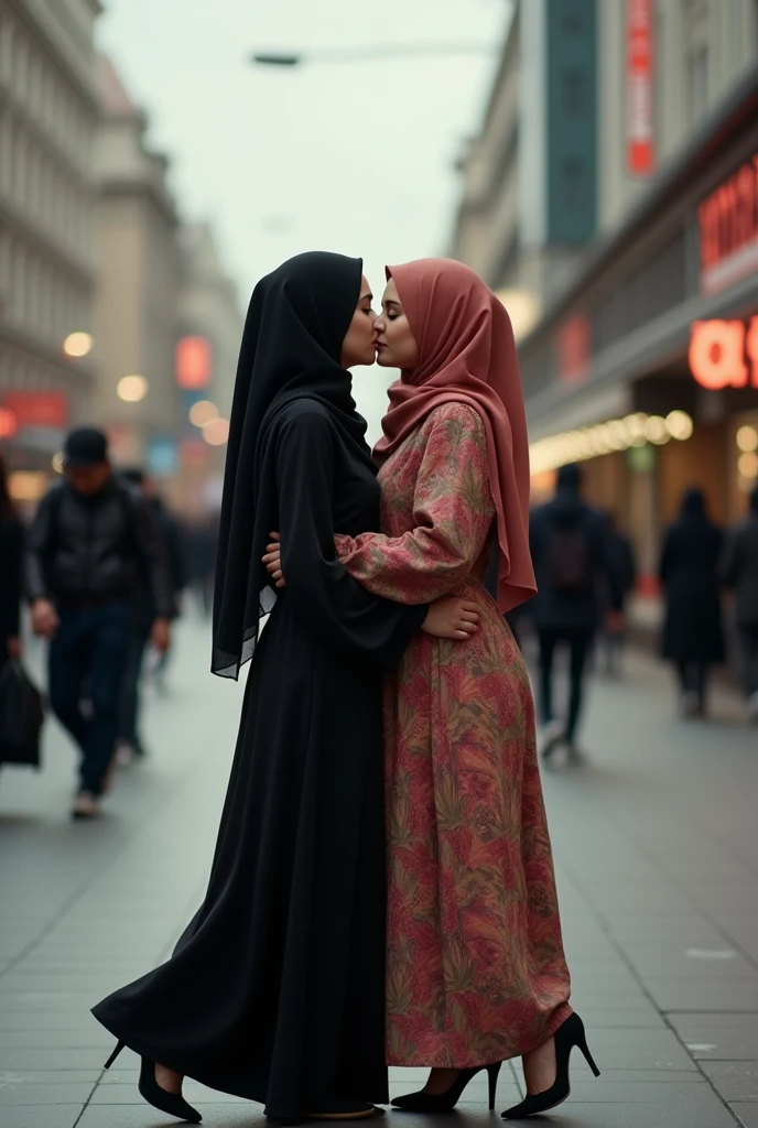 Hijab woman wearing a black abaya and high heels in kissing her hijab girlfriend in public 
