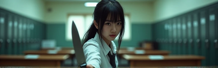 Angry Asian girl with a knife in her hand and at school