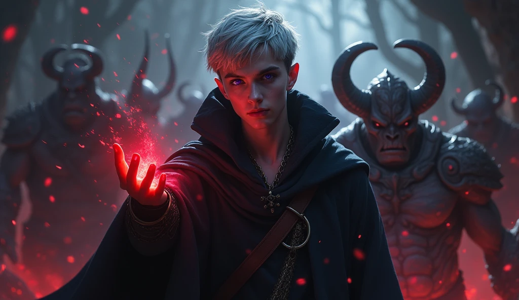 A high-fantasy horror, dark lord, a teenager 16 years half-elf boy with silver short hair and purple eyes, Dark wizard, muscular teenager, A boy wearing a simple black long cloak, younger half-elf sorcerer, realism, red and dark magic aura in the hands, a red ruby ring in this hand, orcs before him