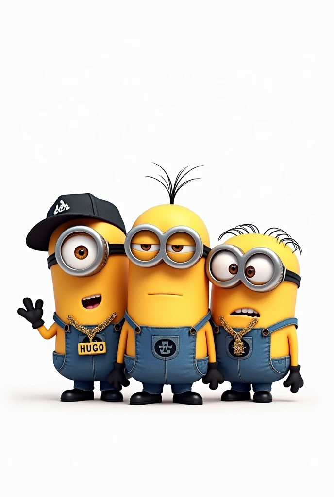 clipart, cute file, white background, vector, flat, three characters from the Minions are hapers are dressed very stylish in Hip Hop style listening to music, the first is wearing a gold necklace with a pendant with the letter "HUGO" written on it, the second is wearing a gold necklace with a pendant reading the letter "BO" and the third is wearing a gold necklace with a pendant writing the letter "SS"