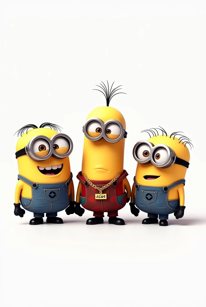 clipart, cute file, white background, vector, flat, three characters from the Minions are hapers are dressed very stylish in Hip Hop style listening to music, the first is wearing a gold necklace with a pendant with the letter "HUGO" written on it, the second is wearing a gold necklace with a pendant reading the letter "BO" and the third is wearing a gold necklace with a pendant writing the letter "SS"