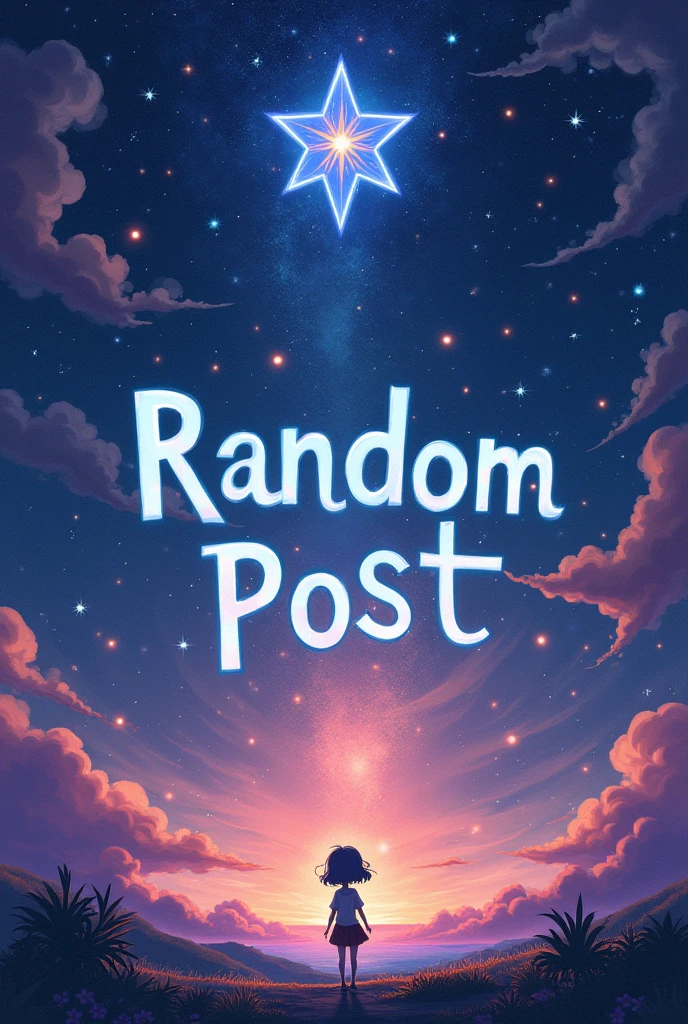 Make a 700 x 700 image with a star and sky setting with anime and the text Random Post, do it like an advertising poster