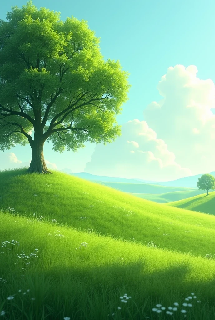 green field landscape with a tree on the left