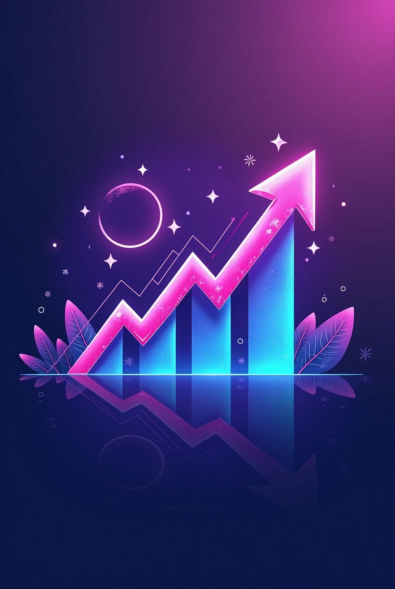 A vibrant logo for a Telegram channel that helps sellers increase sales on Wildberries and Ozon. The logo should evoke associations with growth, success, and profit. Use a gradient of purple (Wildberries) and blue (Ozon) colors with elements symbolizing upward movement, such as an arrow pointing up, a graph, or a chart. The channel name is "WB & OZON News: Главное для селлера". --ar 1:1