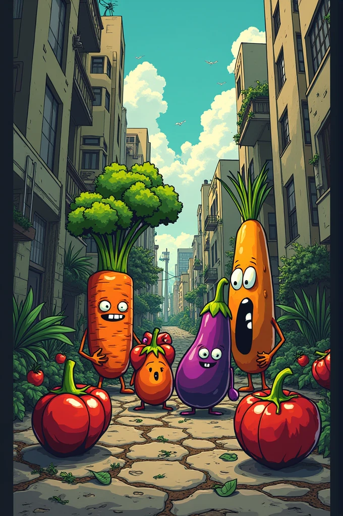 Create a 6-scene comic with the theme of violence where the characters are vegetables
