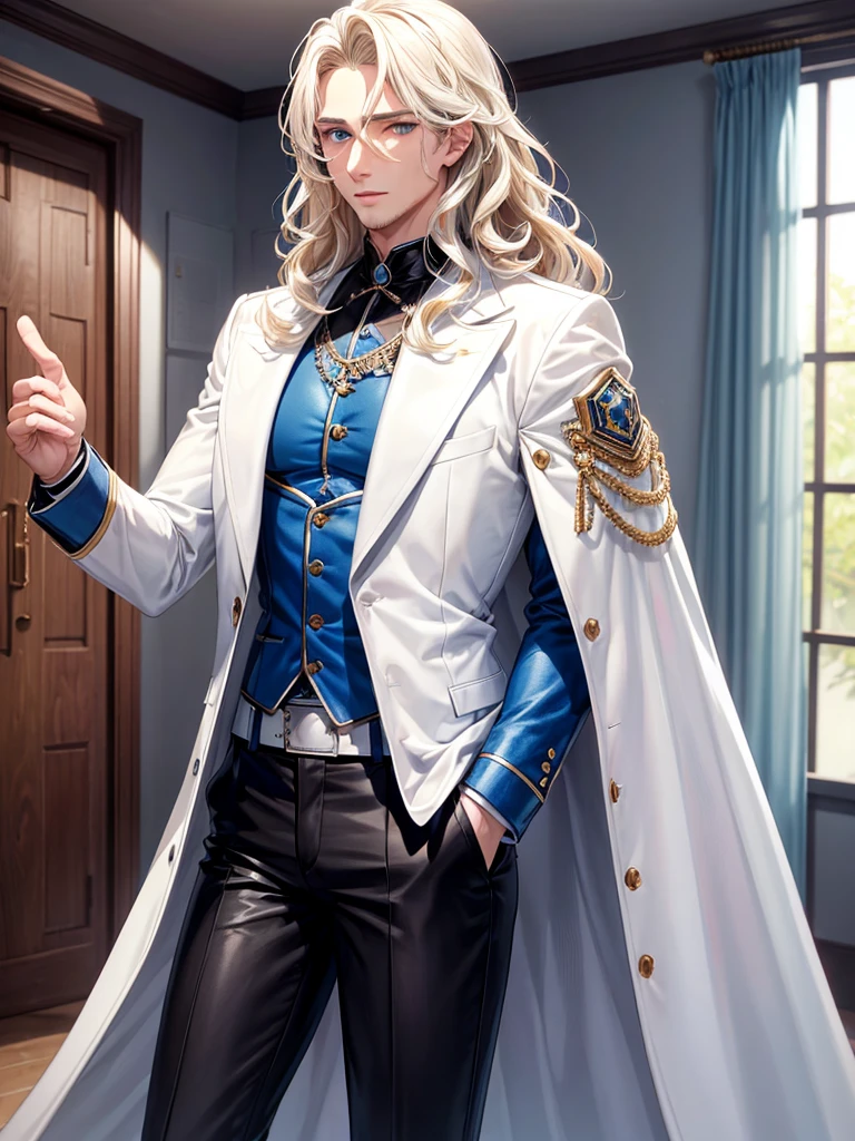 I want a man with blond, wavy hair, blue colored eyes, body healed, Caucasian skin, and wears a white special jacket and black pants, and he is in a room, and he is very handsome and tall*