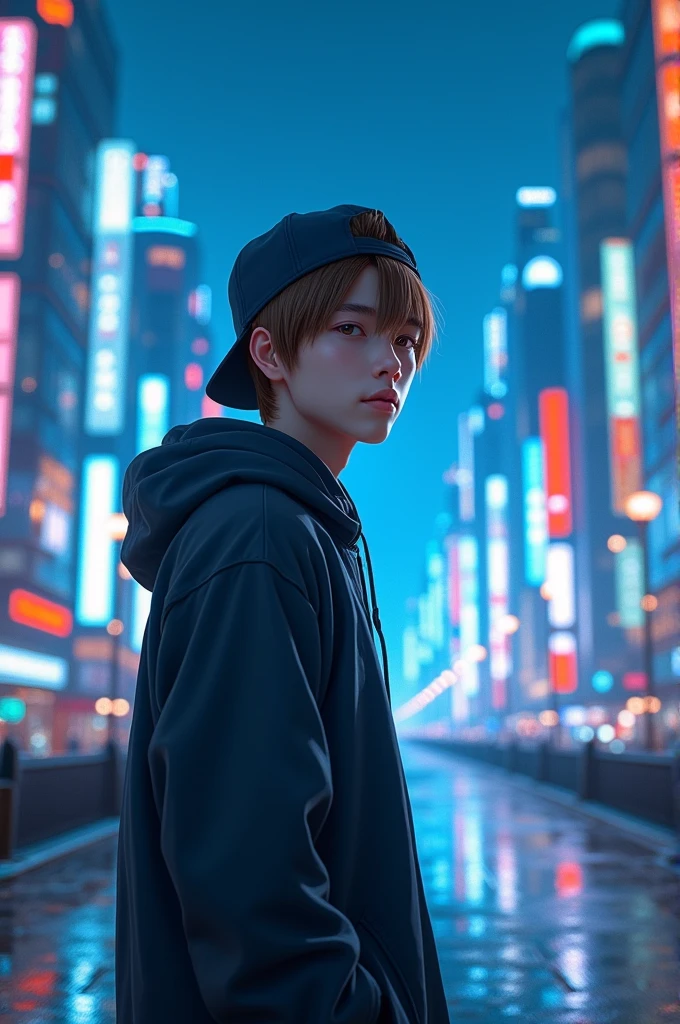 create a realistic image of a Japanese man with light brown hair, with straight bangs, light skin tone, eyes black. standing showing the whole body, wearing a backwards cap on a background of Tokyo buildings with neon blue colors