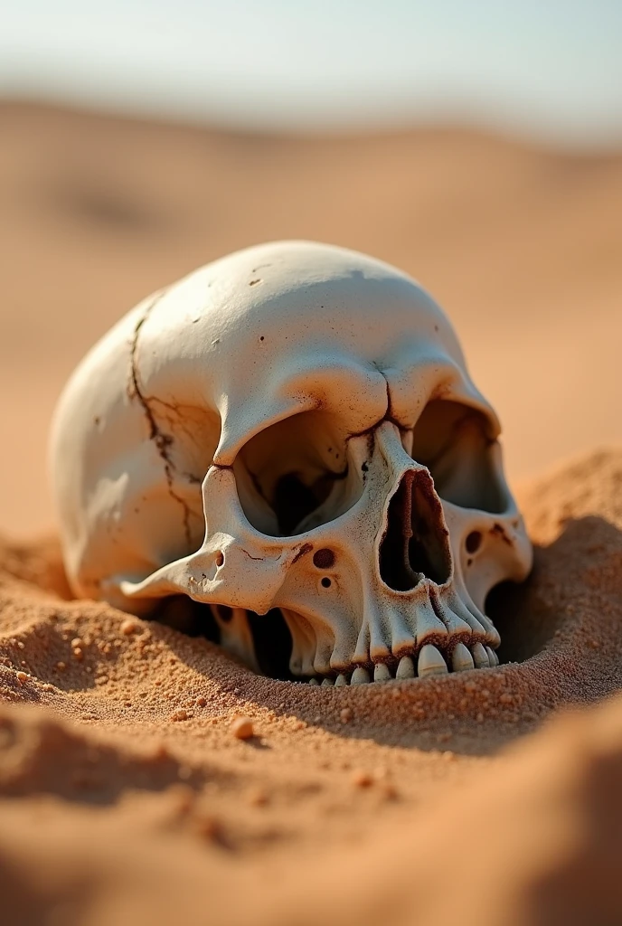 A human skull partially buried in sand, with soft shadows and detailed textures, the desert background adding to the realism and mood of the image