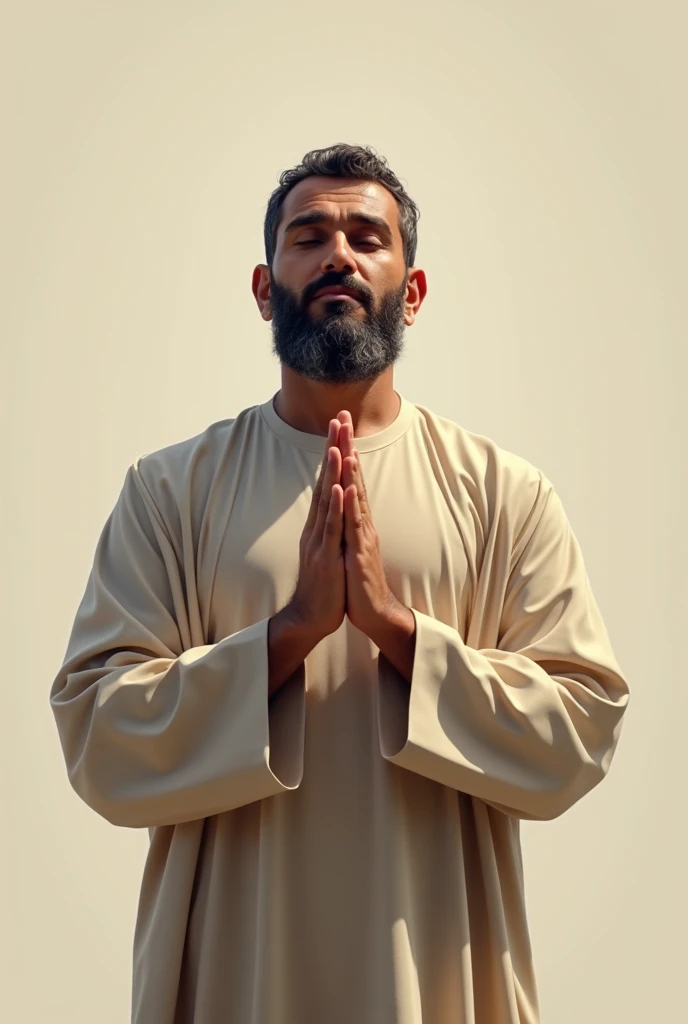 beard muslim man,raising palm hands opposite to ears