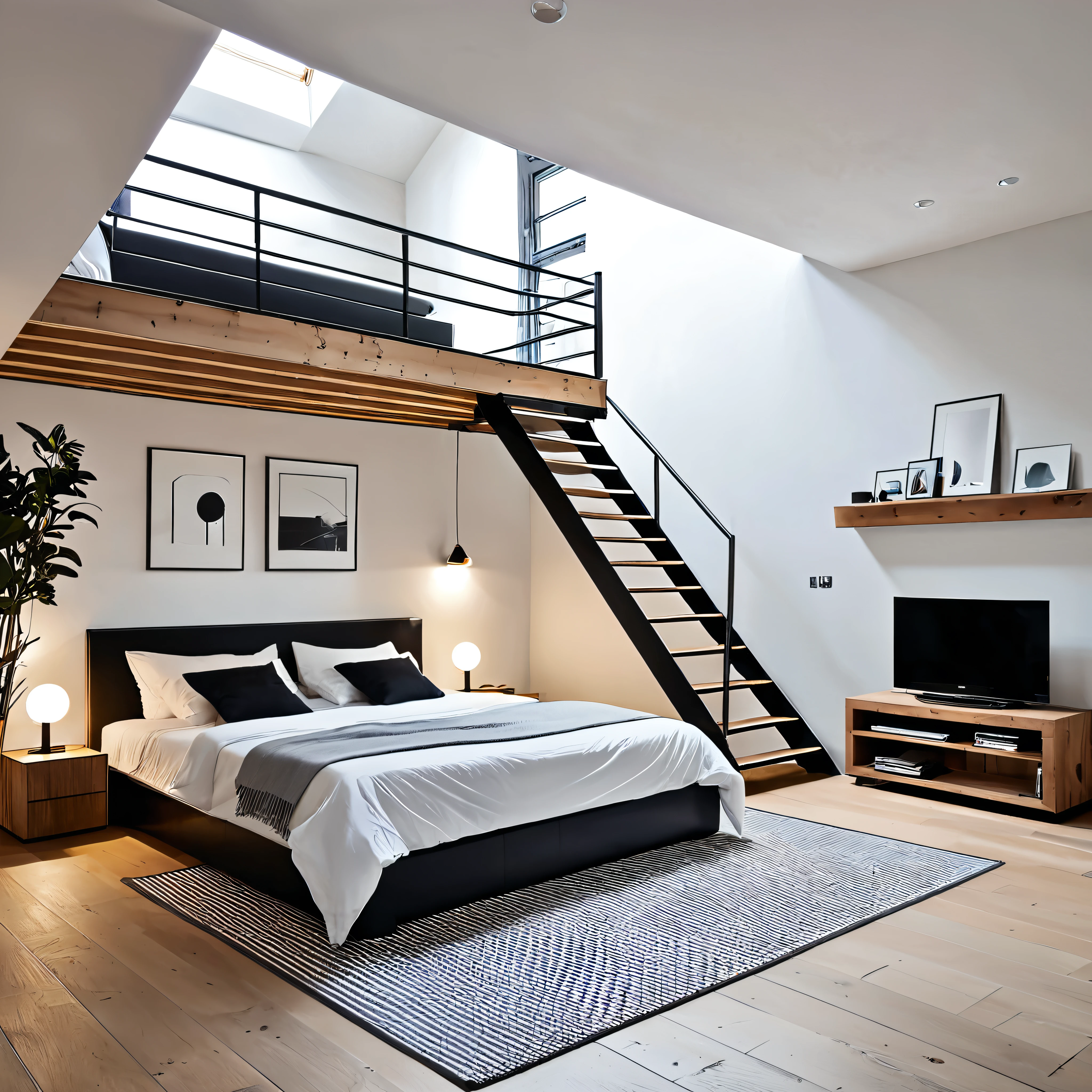 Concevez une chambre loft moderne et élégante avec une esthétique minimaliste. La chambre comprend un coin nuit inférieur avec un lit et un coin salon avec deux fauteuils papillon en cuir et une petite table basse.. Un escalier mène à une mezzanine supérieure avec un autre lit. L'espace présente un mélange de textures en béton et en bois, créer un look sophistiqué et contemporain. De grandes fenêtres et un puits de lumière permettent à la lumière naturelle d'inonder la pièce, améliorant l'atmosphère ouverte et aérée. Ajoutez quelques objets de décoration minimalistes pour compléter le design élégant.