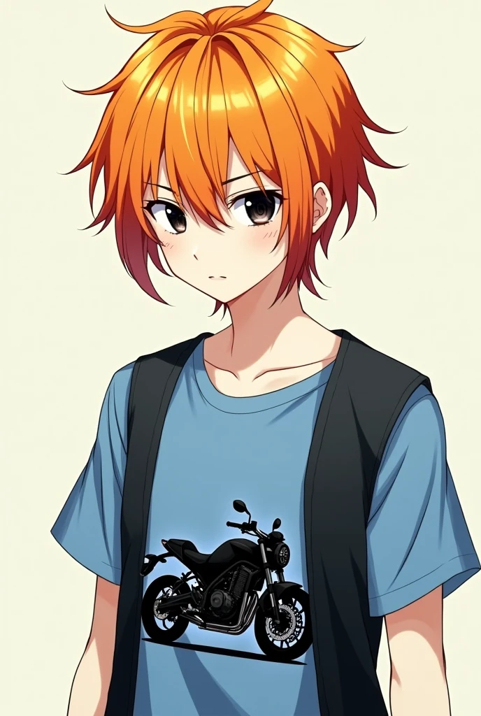 anime drawing type boy with orange hair, with dull yellow and almost wine-colored red strands, which gives it a very striking and vibrant look. His skin is pale white, which contrasts with the intense color of her hair.
He wears a blue short-sleeved shirt, with a drawing of a motorcycle in black, which suggests that he likes motorcycles or is passionate about speed. About the shirt, He wears a simple black vest, which gives it a touch of style and elegance.
His eyes are black and seem to have no expression., which gives it a mysterious and enigmatic air.