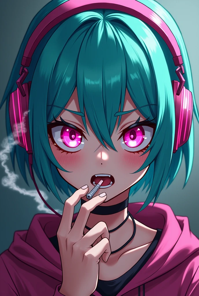 HD anime cyberpunk angry rage girl, without emotions, pink headphones, turquoise short hair, cigarette, pink eyes, MX text, five fingers