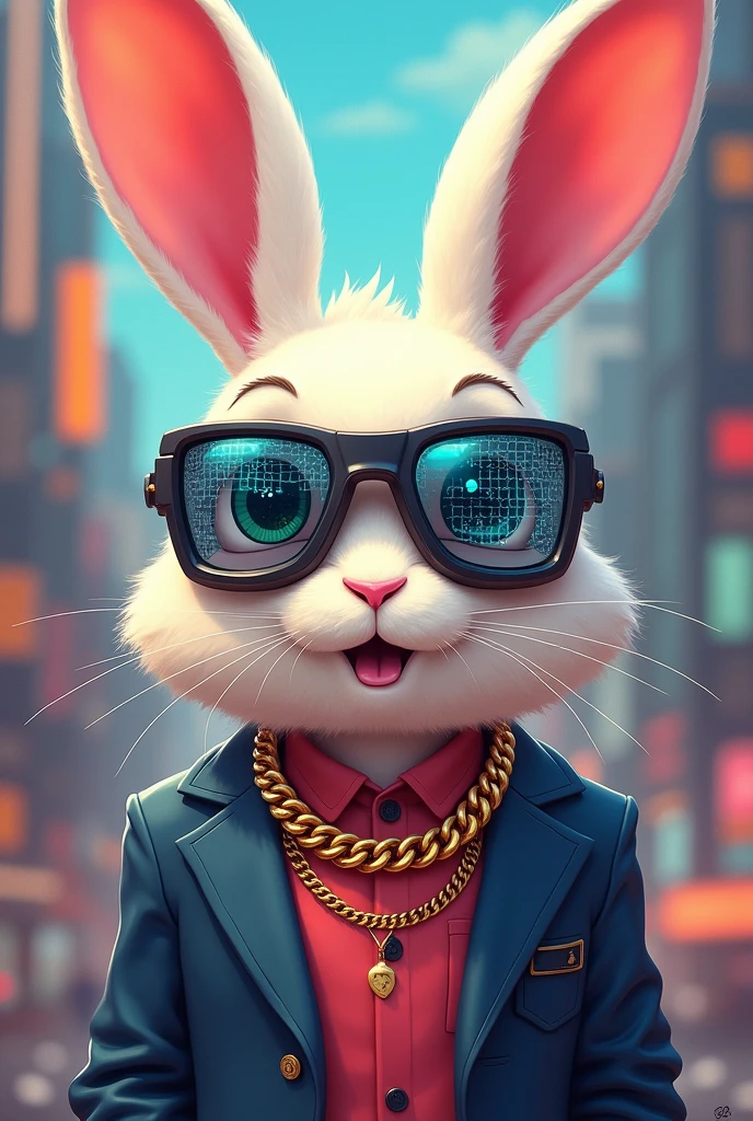 Rabbit wearing pixel googles and gold chain and suit cartoonish
