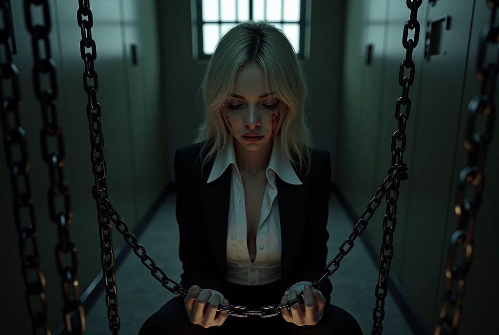 A mysterious film noir scene: a girl with light blonde hair to her shoulders sits in a dimly lit prison cell, surrounded by chains hanging from the walls and floor. The girl's face is marred by blood, her eyes cast downward as she gazes at the chain wrapped around her wrists. A black suit, white shirt with an unbuttoned collar, and dark trousers accentuate her sorrowful expression. Cinematic lighting highlights her delicate features, while bold shadows create a sense of drama. The chains' intricate details and the girl's formal attire evoke a sense of melancholy and confinement. (Deep Cleavage:1.4), (Massive Breasts:1.3)