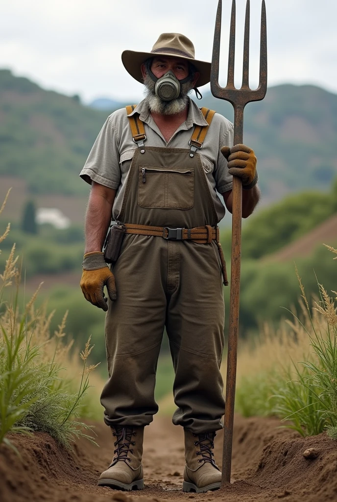 Man from southern Chile in overalls , Boots , gloves , mask and a pitchfork easy