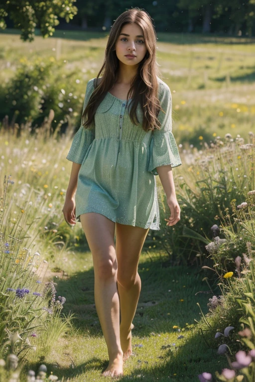 A beautiful european girl, wearing light medieval dress, eating an apple, in the garden near an apple tree, full body. She is 24 years old, has brown hair, long hair, curly hair and light blue eyes, blue makeup. Her cloth is stylish and her overall appearance is stunning. The girl's face is extremely detailed with beautifully detailed lips. Her skin is anatomically correct with realistic textures. The image should have super high details and be of the best quality, with a resolution of 8K. The final result should be a masterpiece, showcasing the girl's beauty and the vibrant atmosphere of the garden