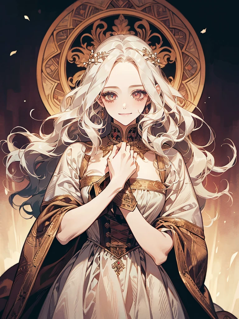 ((Highest quality)), ((masterpiece)), (detailed), White hair that glows pale in seven colors、Long Wavy Hair、Curly long hair、The forehead is protruding、Dawn-colored eyes、beautiful girl、human、One person、flower、Smiling curly hair, Medieval dress, Medieval dress