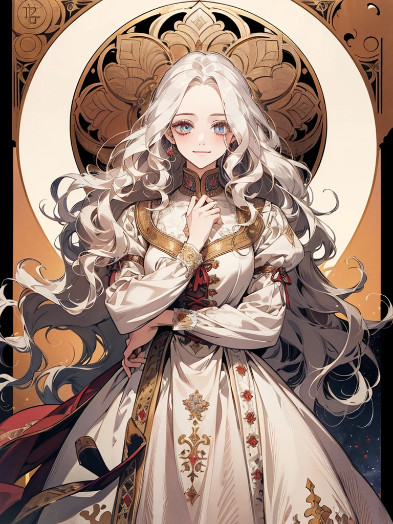 ((Highest quality)), ((masterpiece)), (detailed), White hair that glows pale in seven colors、Long Wavy Hair、Curly long hair、The forehead is protruding、Dawn-colored eyes、beautiful girl、human、One person、flower、Smiling curly hair, Medieval dress, Medieval dress
