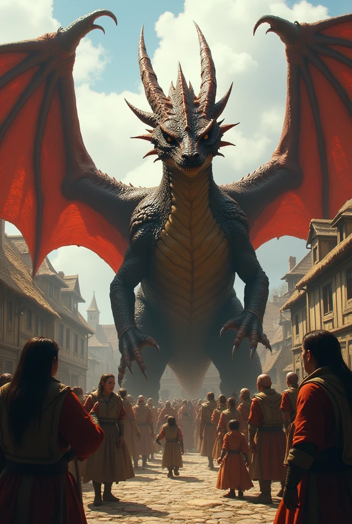 there is a large dragon with a long tail flying over a crowだ of people, dungeon and dragons art, dungeons and dragons fantasy art, hyperrealistic だ & だ fantasy art, Amazing! & だ art, battle with dragon, charging through a dragons lair, epic dragon, epic fantasy illustration, Epic fantasy art, epic fantasy card game art, d & d fantasy digital art