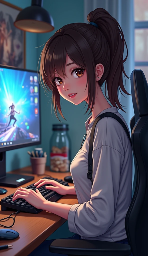 Make me a girl on a gaming desk the girl is brunette with a ponytail brown eyes and a mole above her lip she is 31 years old and is a little chubby