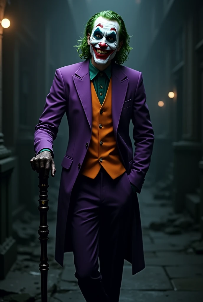 Joker smiling while leaning on a cane while standing