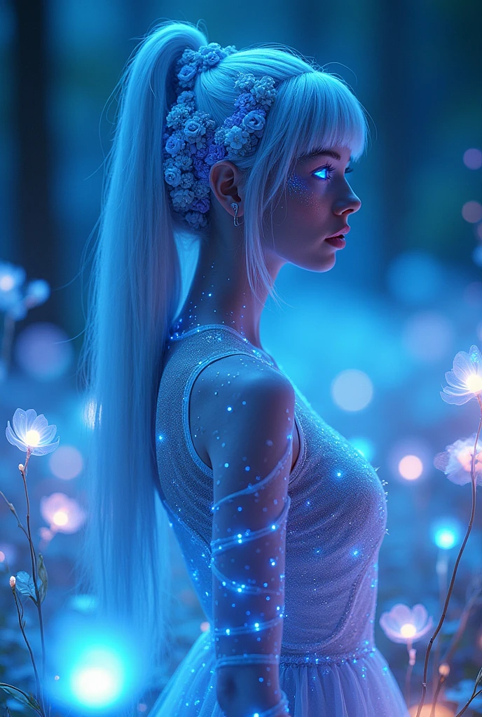 A futuristic, otherworldly woman with luminous, neon blue features. Her eyes and hair emit a radiant glow, blending seamlessly with the surrounding environment. The scene is set in an enchanted digital forest, where holographic plants and flowers pulse with a soft, ethereal light. Her skin is slightly reflective, with shimmering patterns that mimic the constellations. She stands gracefully among the glowing flora, her expression calm and inquisitive, embodying the mystique of a cybernetic fairy in a surreal, neon-lit landscape."