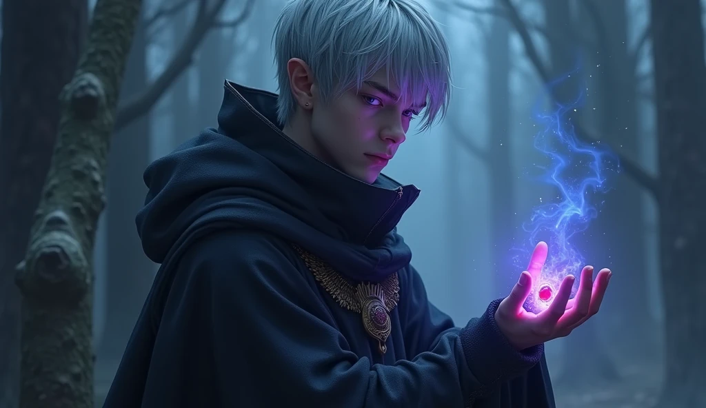 A high-fantasy horror, dark lord, a teenager 16 years half-elf boy with silver short hair and purple eyes, Dark wizard, muscular teenager, A boy wearing a simple black long cloak, younger half-elf sorcerer, realism, blue and dark magic aura in the hands, a red ruby ring in this hand, colder fortress
