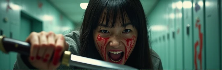 Angry Asian girl with a knife in her hand and blood on her face and at school