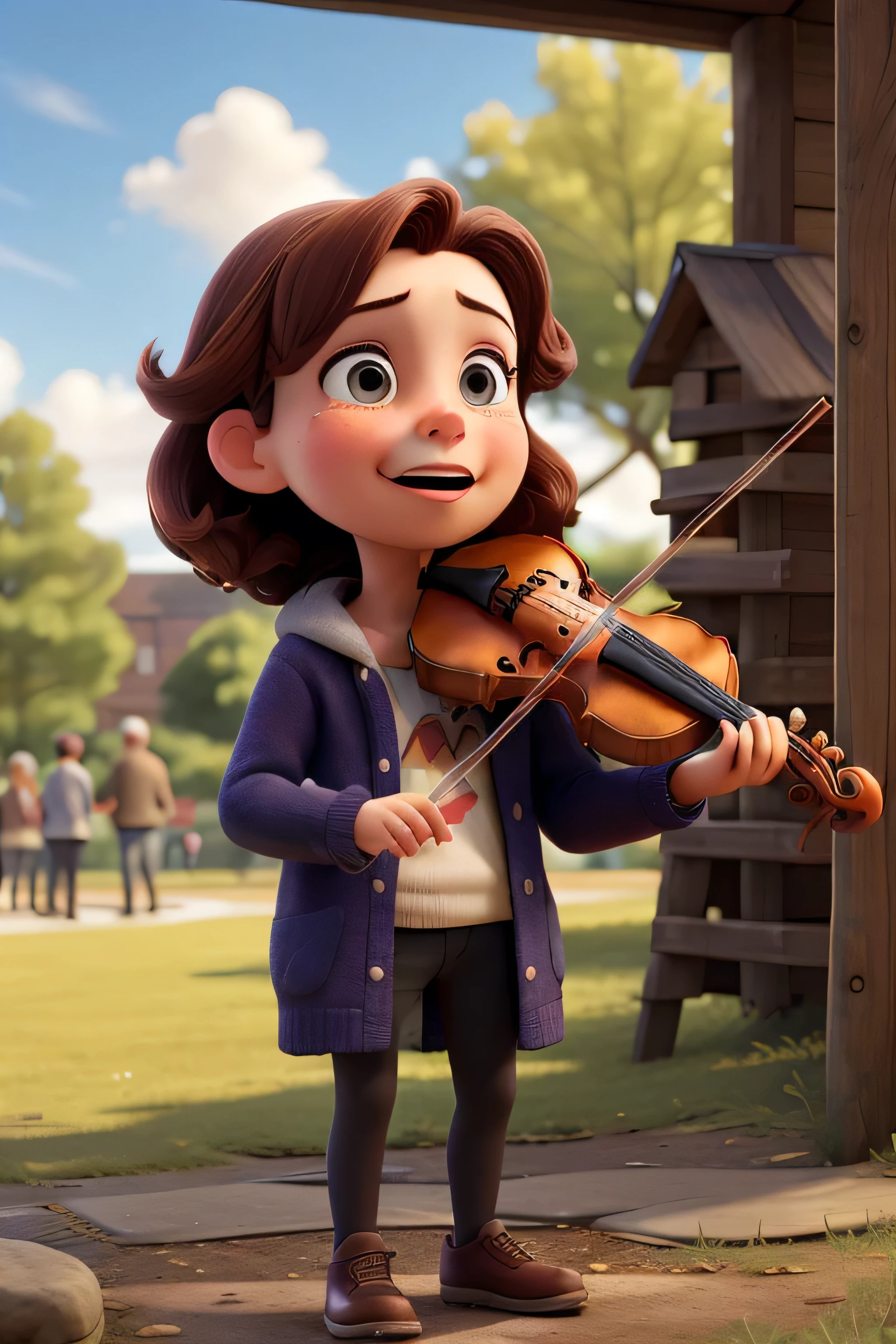 Emma standing in the park, sunlight breaking through the clouds, as she plays the violin. A few curious onlookers gather, their faces touched by the beauty of the music.

As Emma played, her tears fell freely, blending with the notes that floated through the crisp air. The music was both a tribute and a release. People passing by stopped to listen, their faces softening with the emotion in the melody.