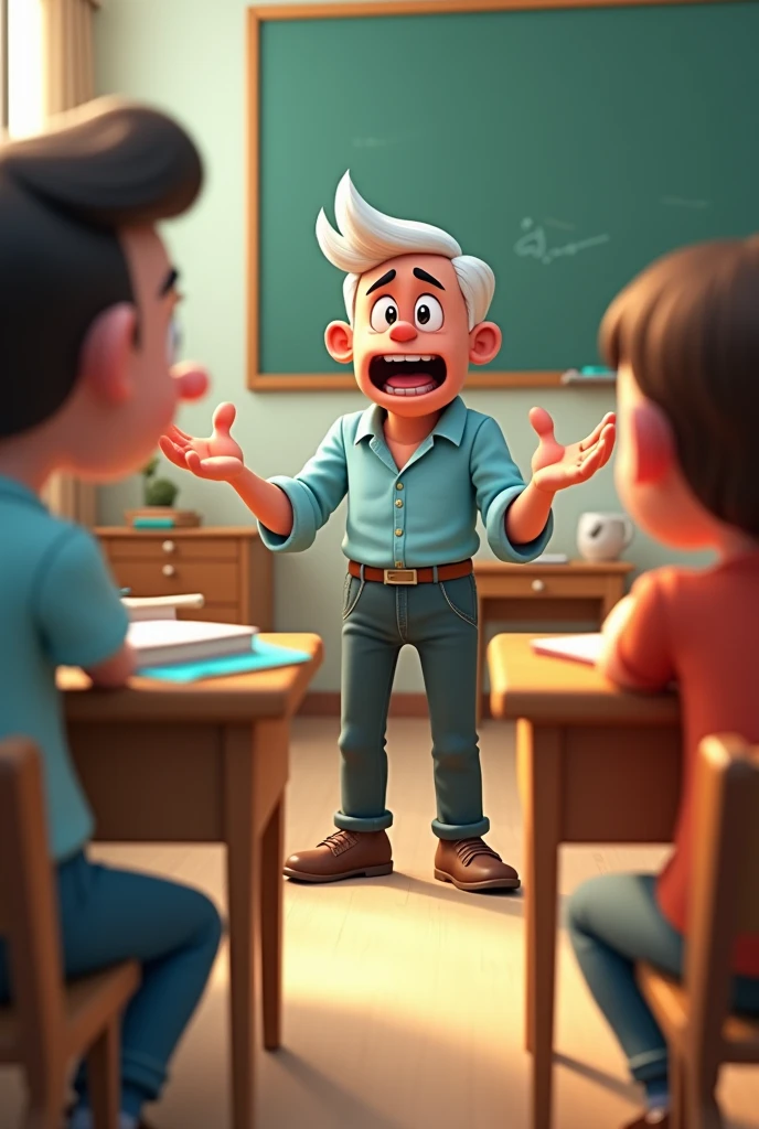 Cartoon character teacher is asking something in surprise condition to student in examination hall 