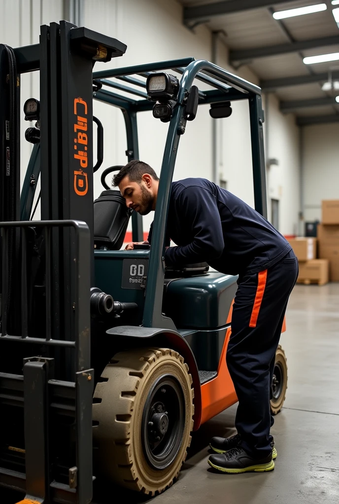 Make me an image of a person, a forklift technician who is hunched over, standing checking the forklift engine, has the entire trunk flexed.