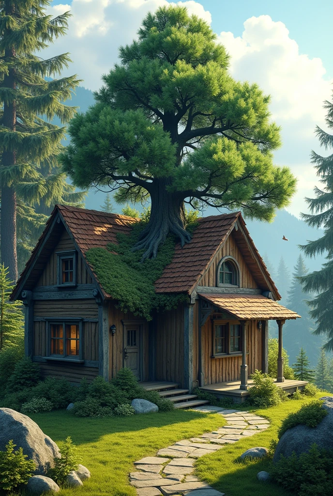 Create an image of a house with a pine tree inside
