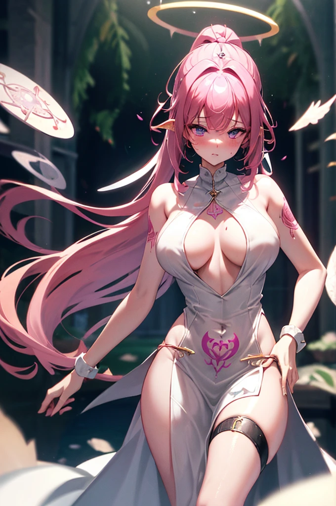 succubus nun, masterpieces, 16K, HD, dancer clothes, corruption tattoo, Tighten nun dresses, sexy, scale up, perfect lightening, praying, blush, body covered by semen 80%, holy, halo, corrupted in sex, addicted in sex, pink hair, best eyes resolution, bare shoulder, clean public, high sexy pony tail, veils with gem