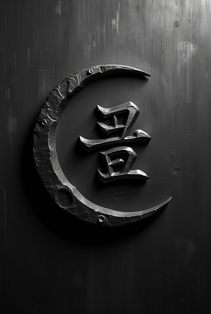 Half moon with kanji ai for black and white dark metal style tattoo