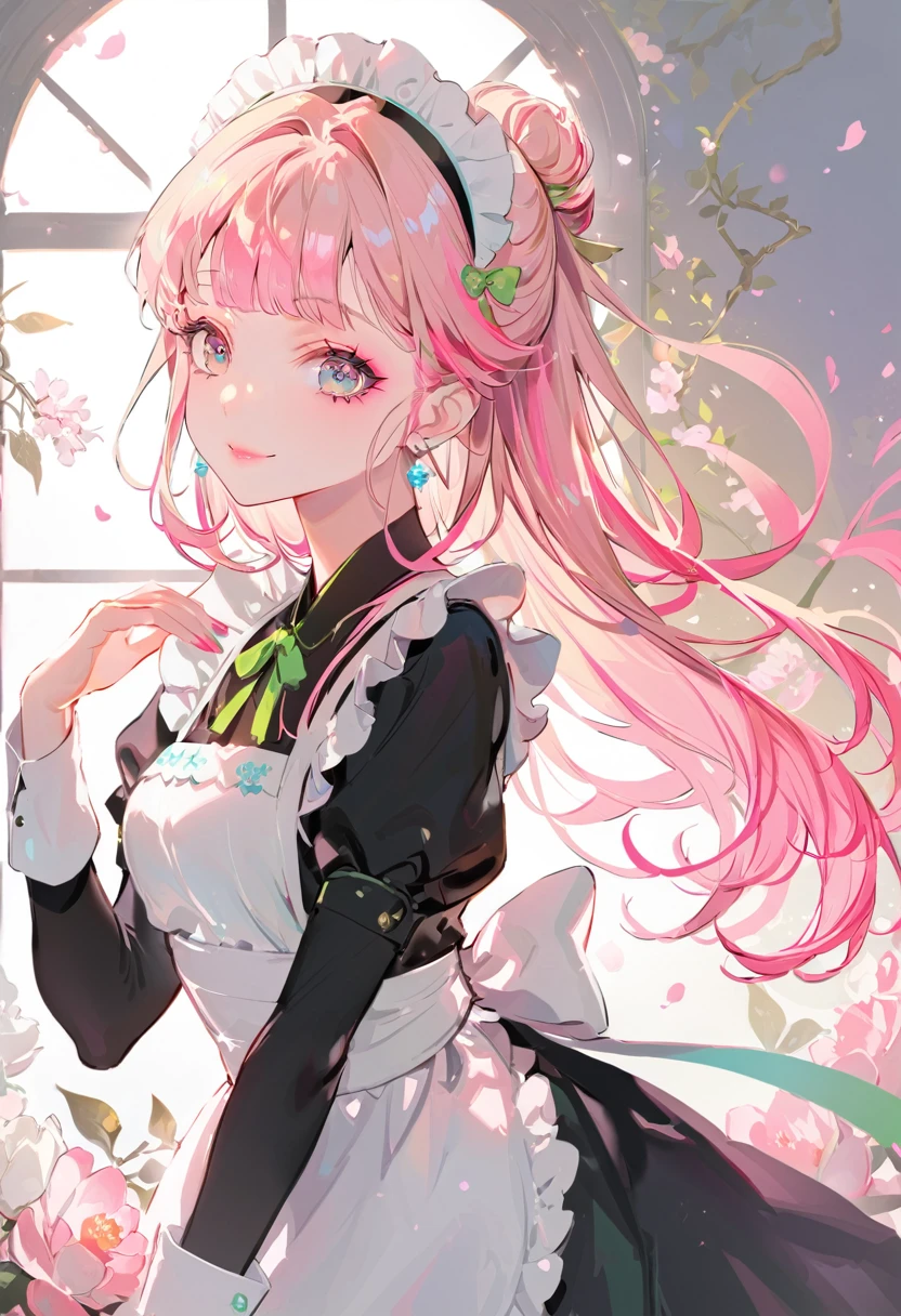 (maid:1.5),(Highest quality,Very detailed,High resolution:1.2),Exquisite makeupと完璧な顔を持つ美しい女の子, Long eyelashes, Fine eyes and lips, A radiant smile, Soft Skin, Shiny Hair,Vibrant Background, Natural light,(The cutest girl in the world:1.5),Exquisite makeup
