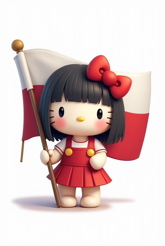 hello kitty with black straight hair and bangs holding the flag of poland white background