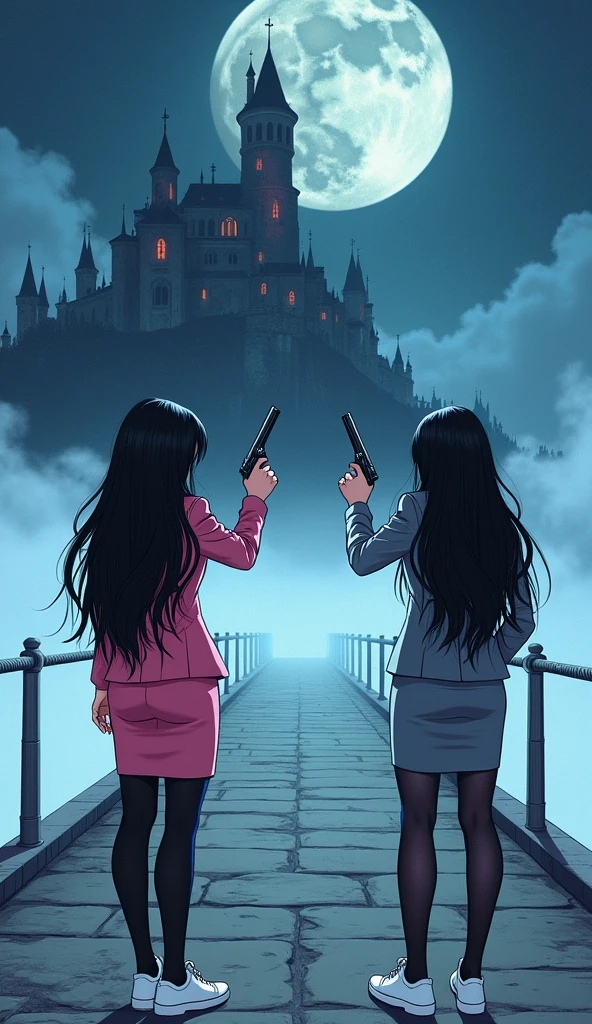 Two womens long black hairs, yuri,
(The first women wear a pink suit, black shirt, pink pencil skirt, black tight, white socks, white sneakers)
(The second women wore a grey suit, black shirt, grey pencil skirt, black tights, white socks, white sneakers)
holding a handguns, pointing a guns at vampire on the long foggy bridge, the vampire castle, vampire looked at them from the top floor of the tower, fantastic night sky, moon, cartoon novel, 4K, HD