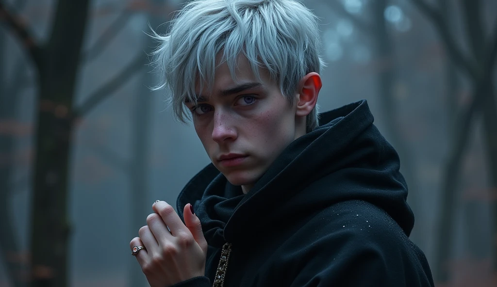 A high-fantasy horror, dark lord, a teenager 16 years half-elf boy with silver short hair and purple eyes, Dark wizard, muscular teenager, A boy wearing a simple black long cloak, younger half-elf sorcerer, realism, a red ruby ring in this hand, colder fortress