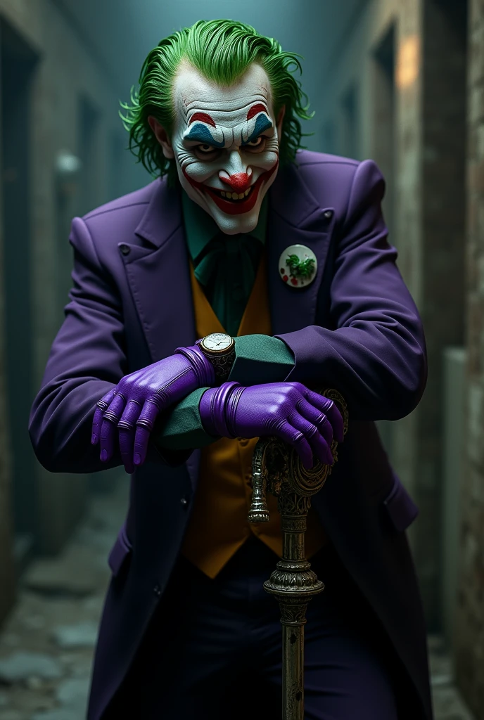 Joker smiling leaning on a cane